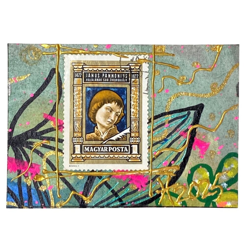 ACEO Original Art Acrylic Collage Mixed Media 3D 1972 Hungary Postage Stamp ATC